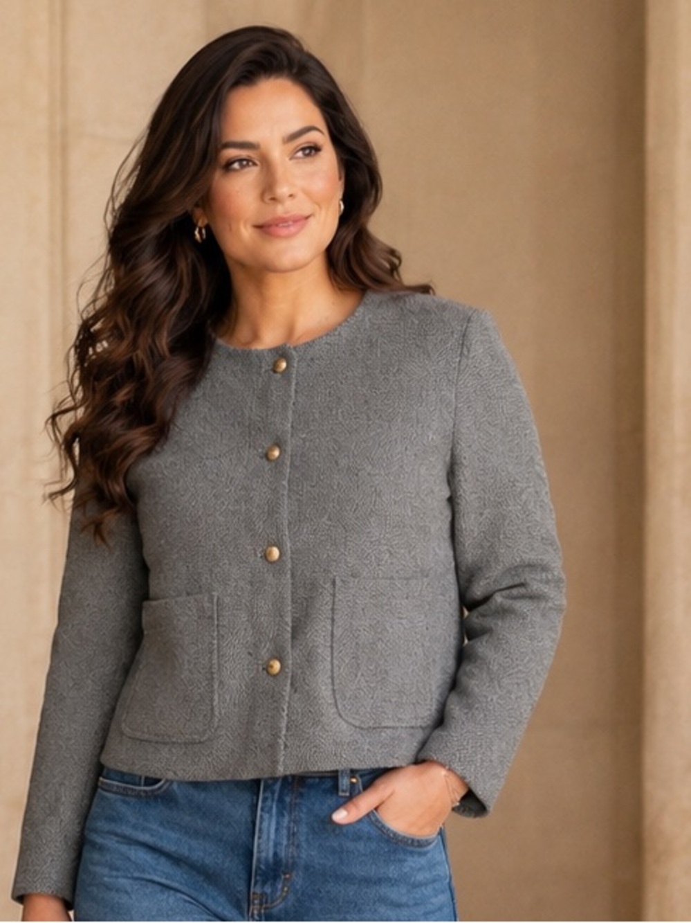 Chic Textured Gray jacket with gold - tone brand a new day . Size L